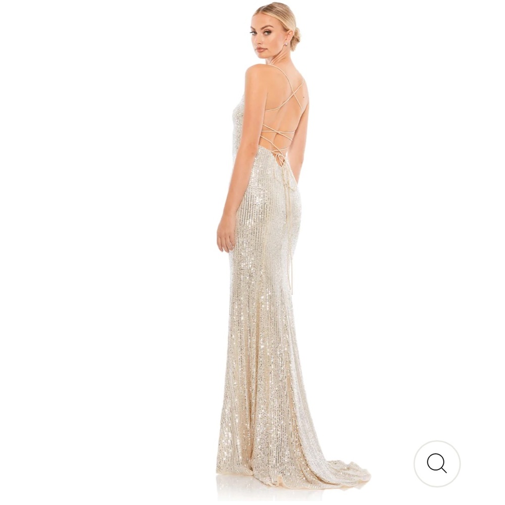 STRETCH SEQUIN LACE UP BACK EVENING GOWN